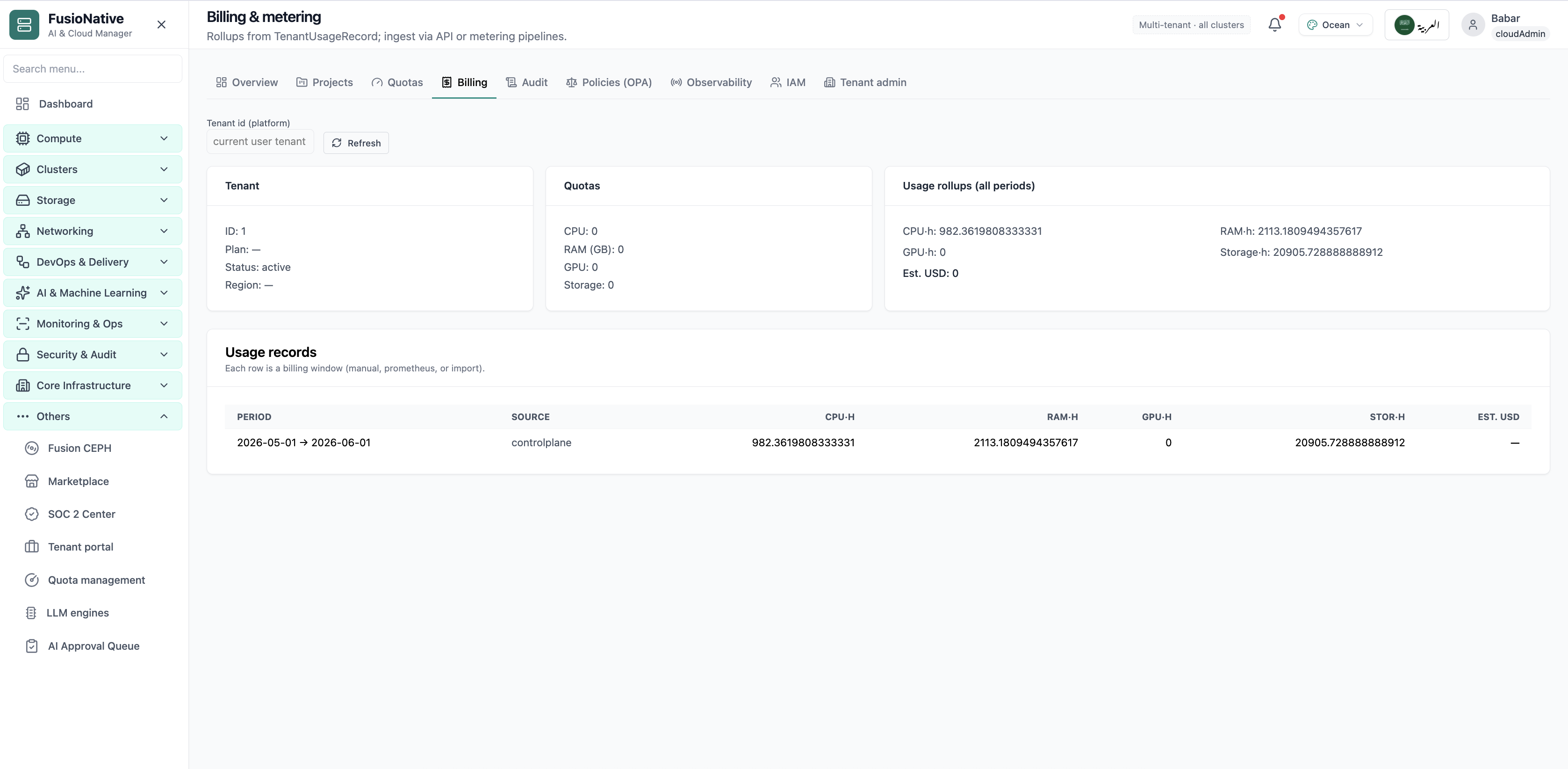 Tenant billing and usage metering.